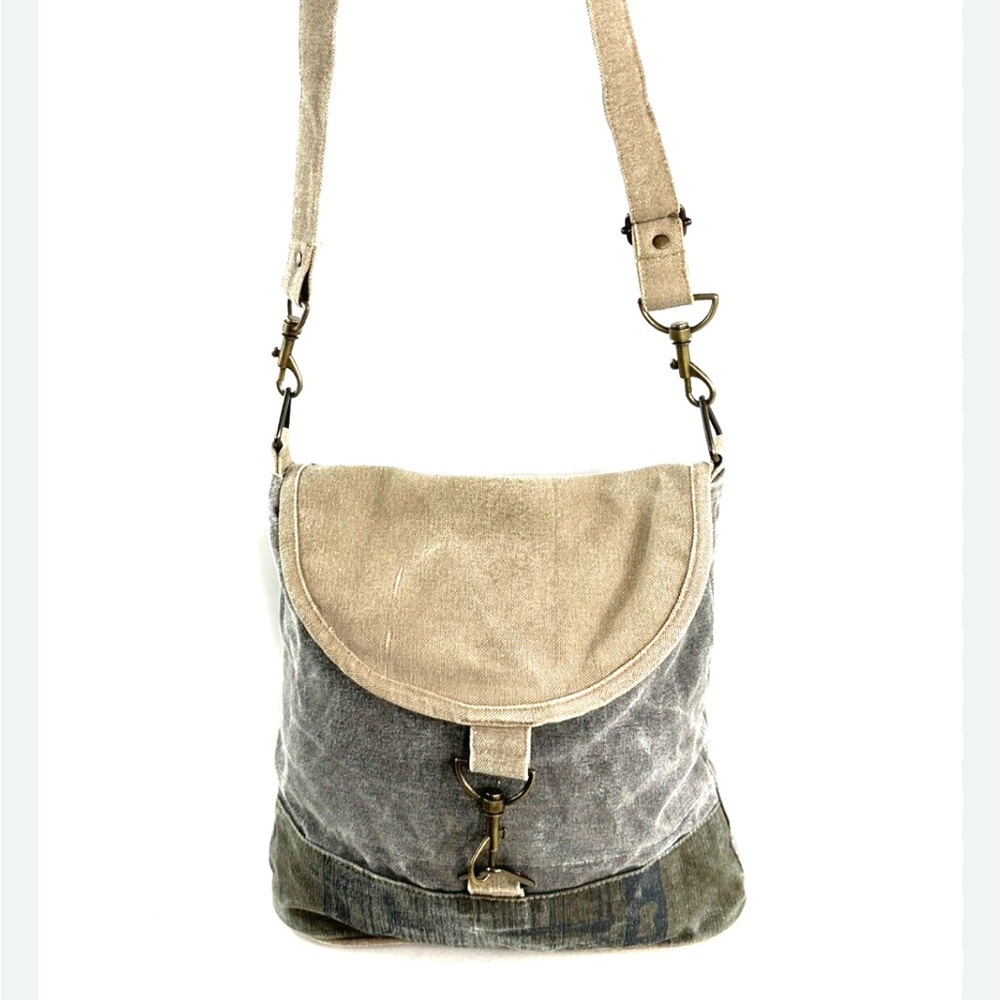 Mona B Taupe Gray Canvas Shoulder Bag Purse Flap Latch Recycled